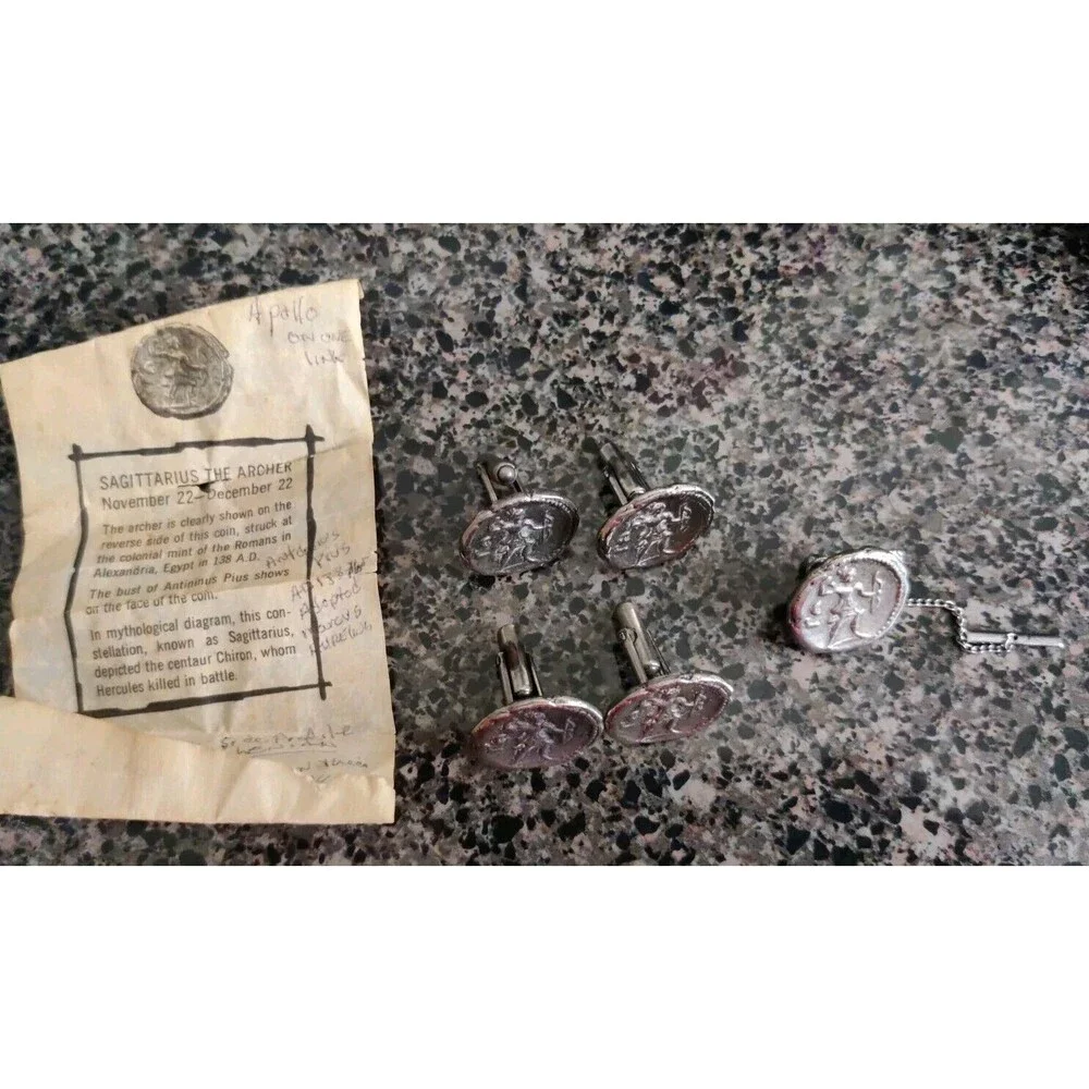 2 Pair Artemis Archer Tetradrachm Greek Coin Vintage Cuff Links + Tie Tack!